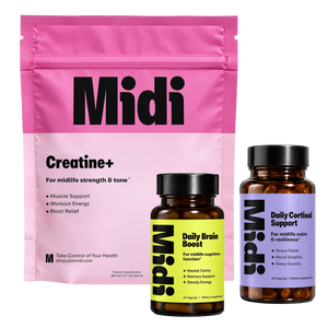 A product bundle from Midi Health featuring a pink Creatine+ pouch, a yellow Daily Brain Boost supplement bottle, and a purple Daily Cortisol Support supplement bottle, all on a plain white background.